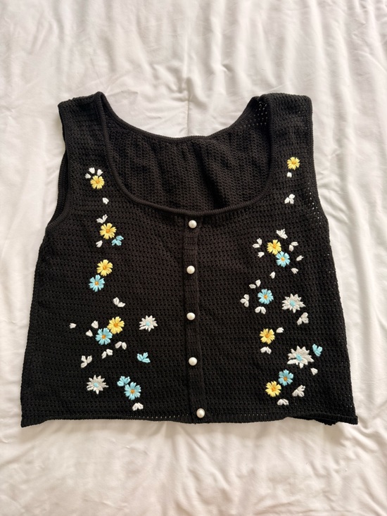 Cider Tops - Cider Black Crocheted Knit Tank with Button Detail